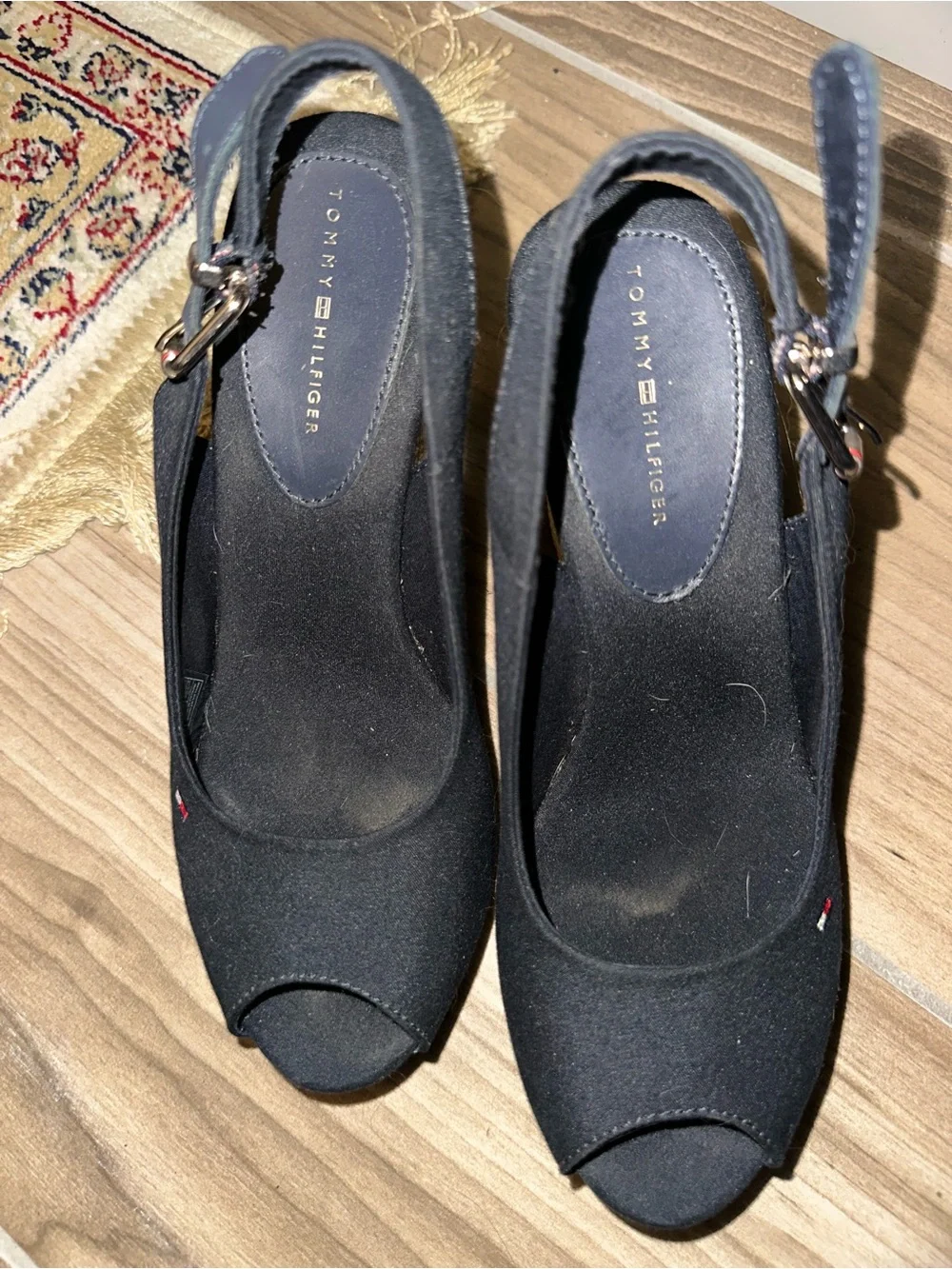 Tommy Hilfiger Women's Navy Peep-Toe Slingback Wedge Heels